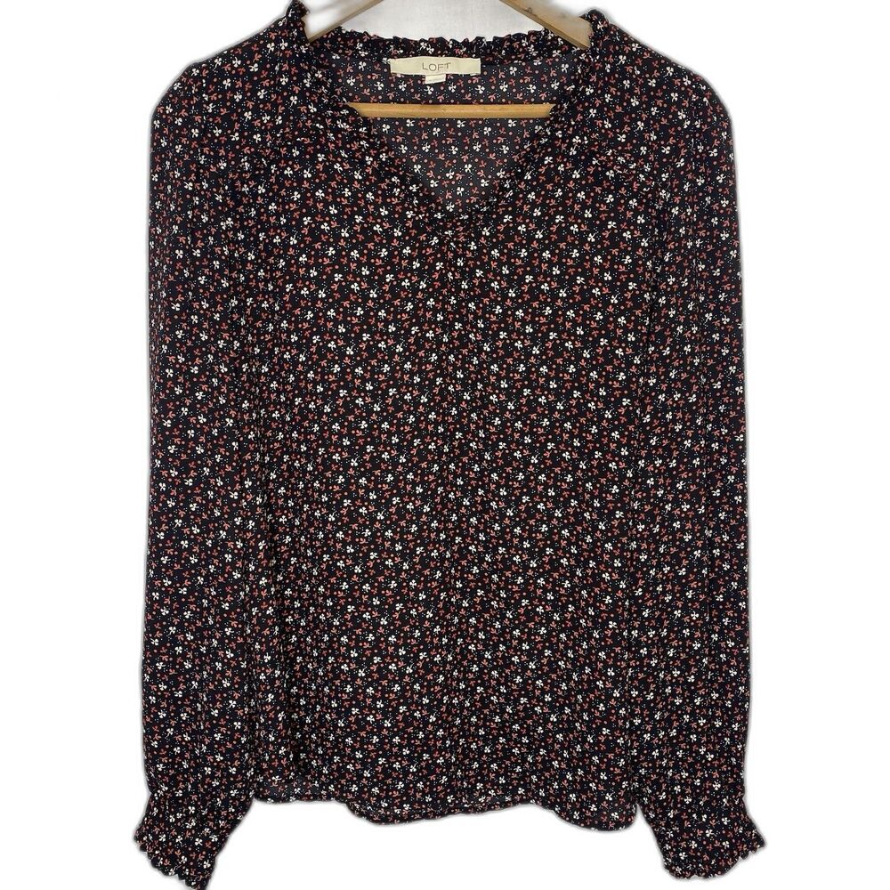 LOFT Blouse Ditzy Floral Pleated Ruffle V-Neck Puff Long Sleeve Womens S Black